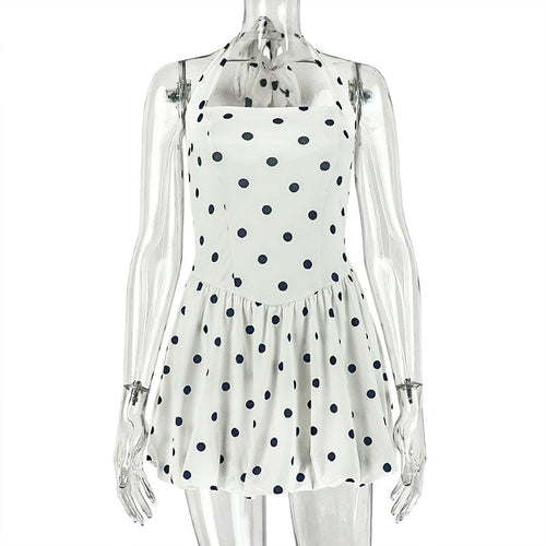 Black White Women Printed Wear Polka Dot Cinched Pleated A line Dress Halter Short Sleeveless Dress Tide